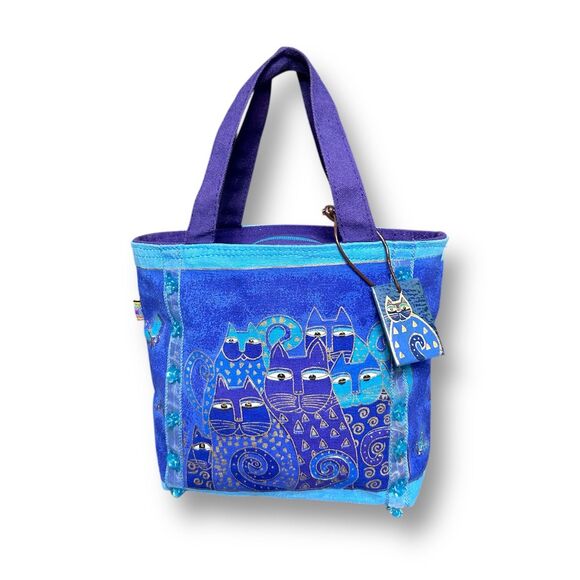 Laurel Burch Indigo Blue Cat Tote Bag Sun N Sand Canvas Art Print Small Purse - Picture 1 of 16